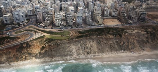 Central city of Netanya on the Mediterranean coast is seen during a flight as part of an aerial show for Israel's Independence Day: